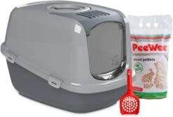 PeeWee EcoDome XXL Grijs +3 Kg Houtkorrels +Schepje, Kattenbak Combideal -Dierenwinkel peewee startpakket ecodome antraciet grijs 665 x 485 x 465 cm 55749